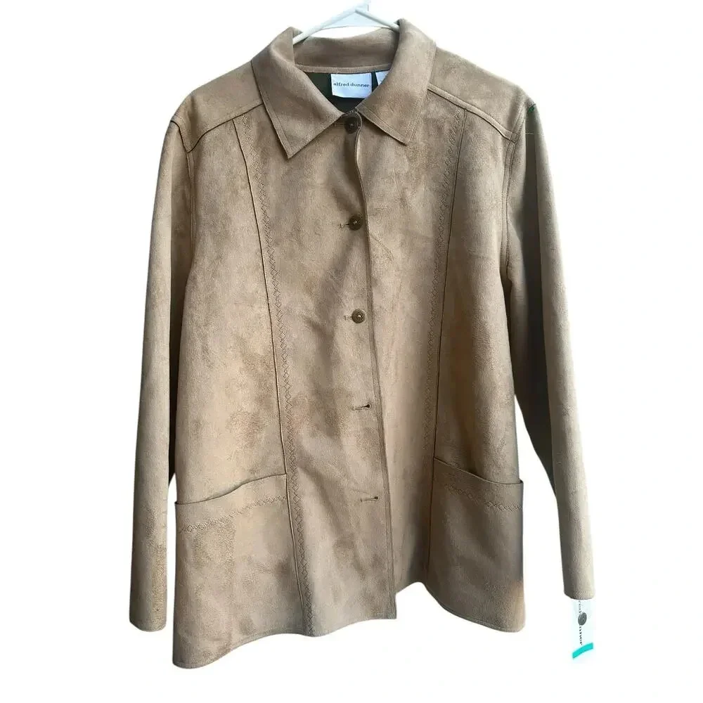 ALFRED DUNNER Beige Suede Polyester Button Up Shacket Fleece Jacket Sz 16